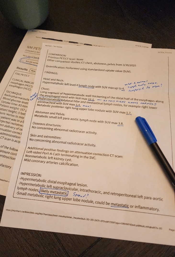 PET/CT scan report with handwritten questions in the margins — the kind of document NaviaCAIR was built to help make sense of.
