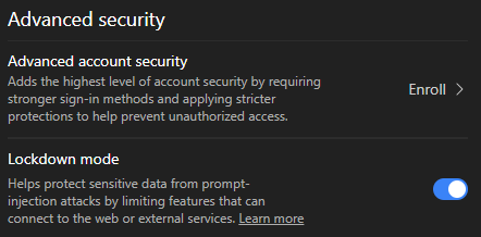 ChatGPT advanced security settings with lockdown mode enabled