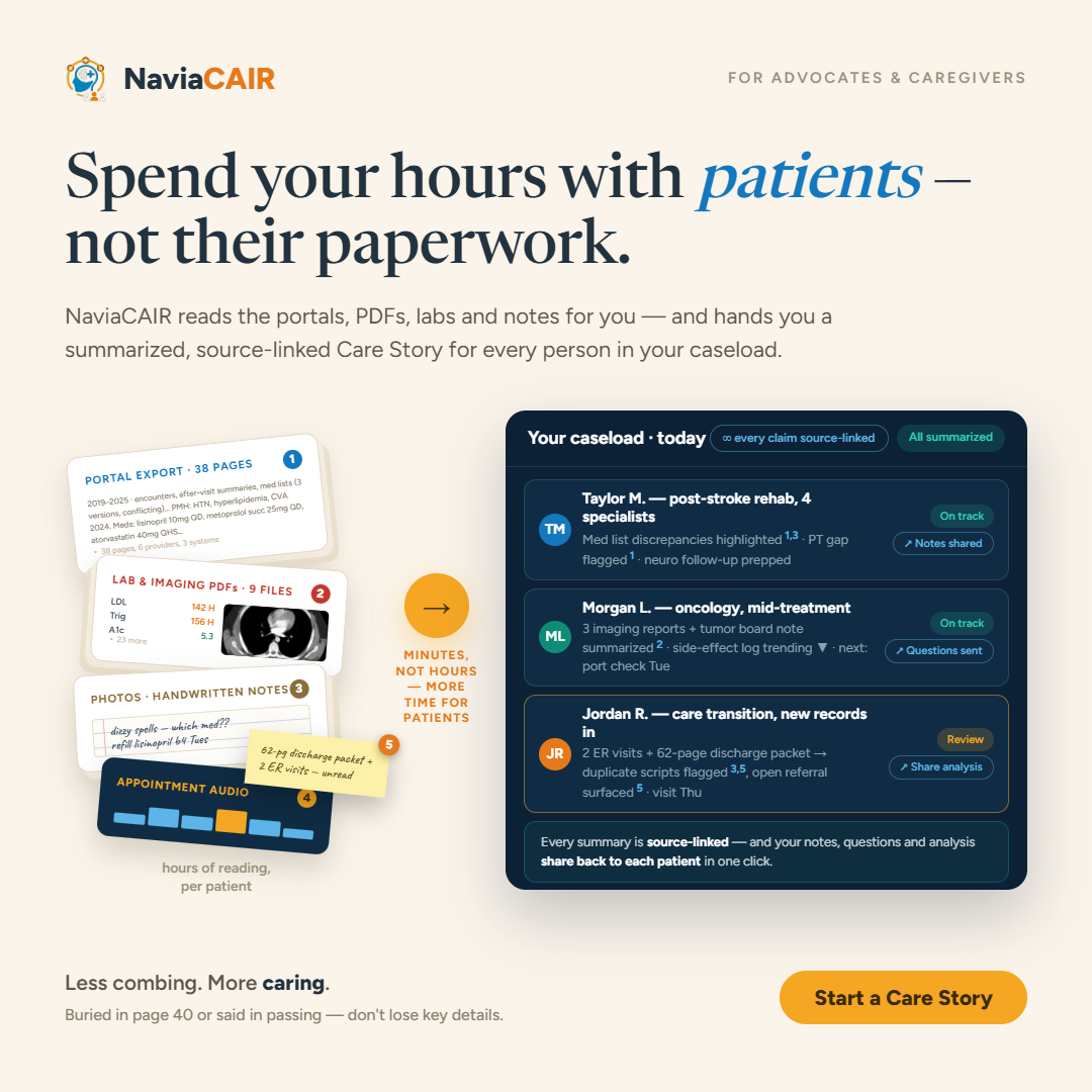 Spend your hours with the person you care for — not their paperwork. Portal exports, lab PDFs, handwritten notes, and appointment audio become one summarized, source-linked Care Story.