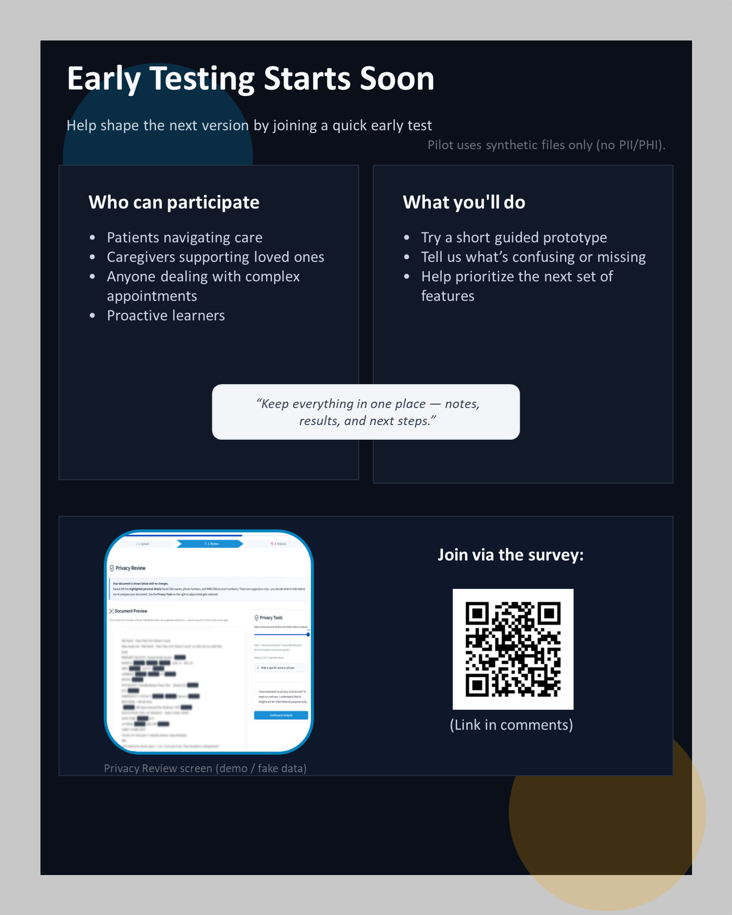 Early Testing Starts Soon — who can participate, what you'll do, and a screenshot of the Privacy Review screen with fake data.