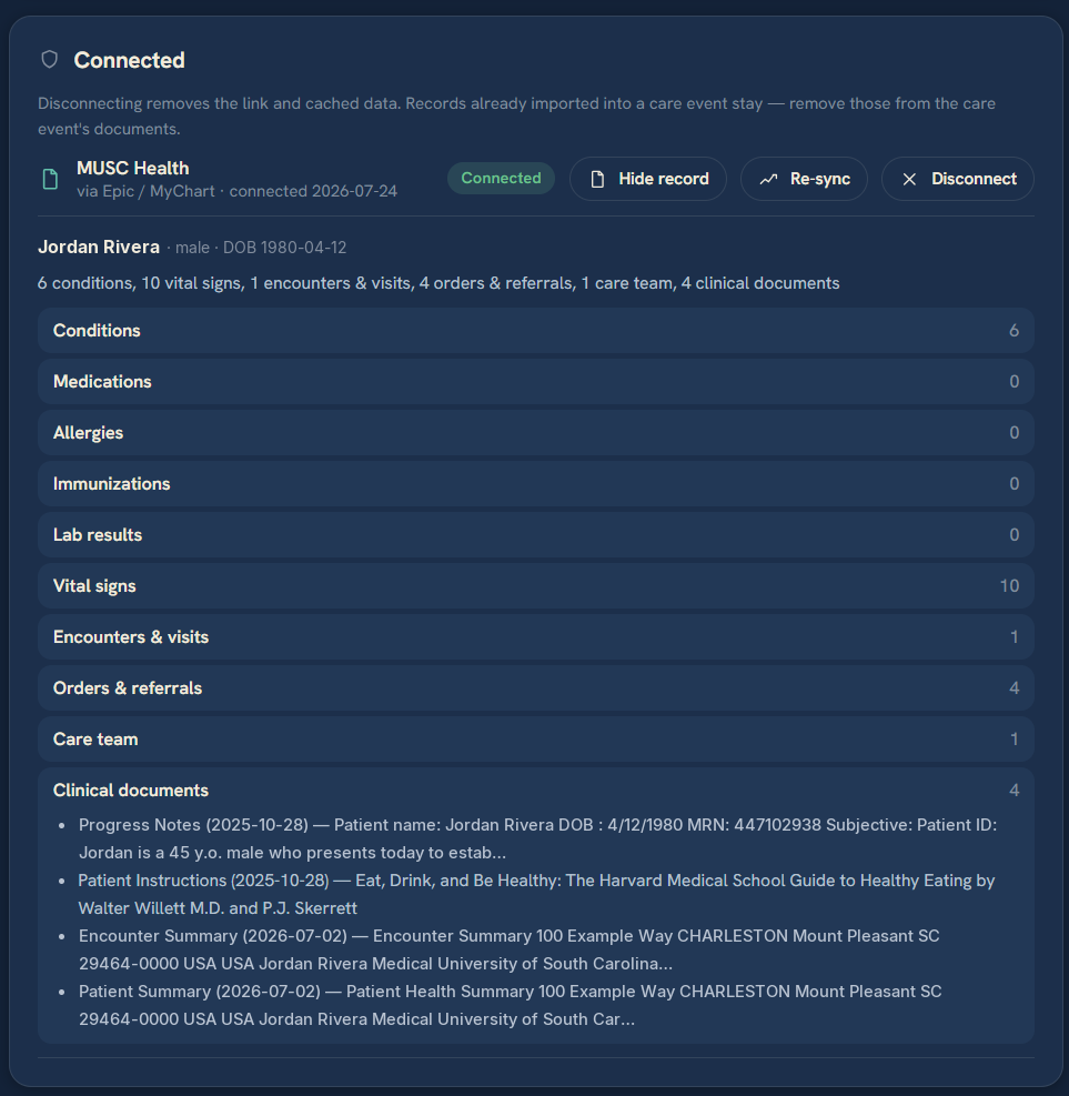 A connected patient portal in NaviaCAIR showing the imported record categories, how many items came across in each, and the clinical documents that were brought in
