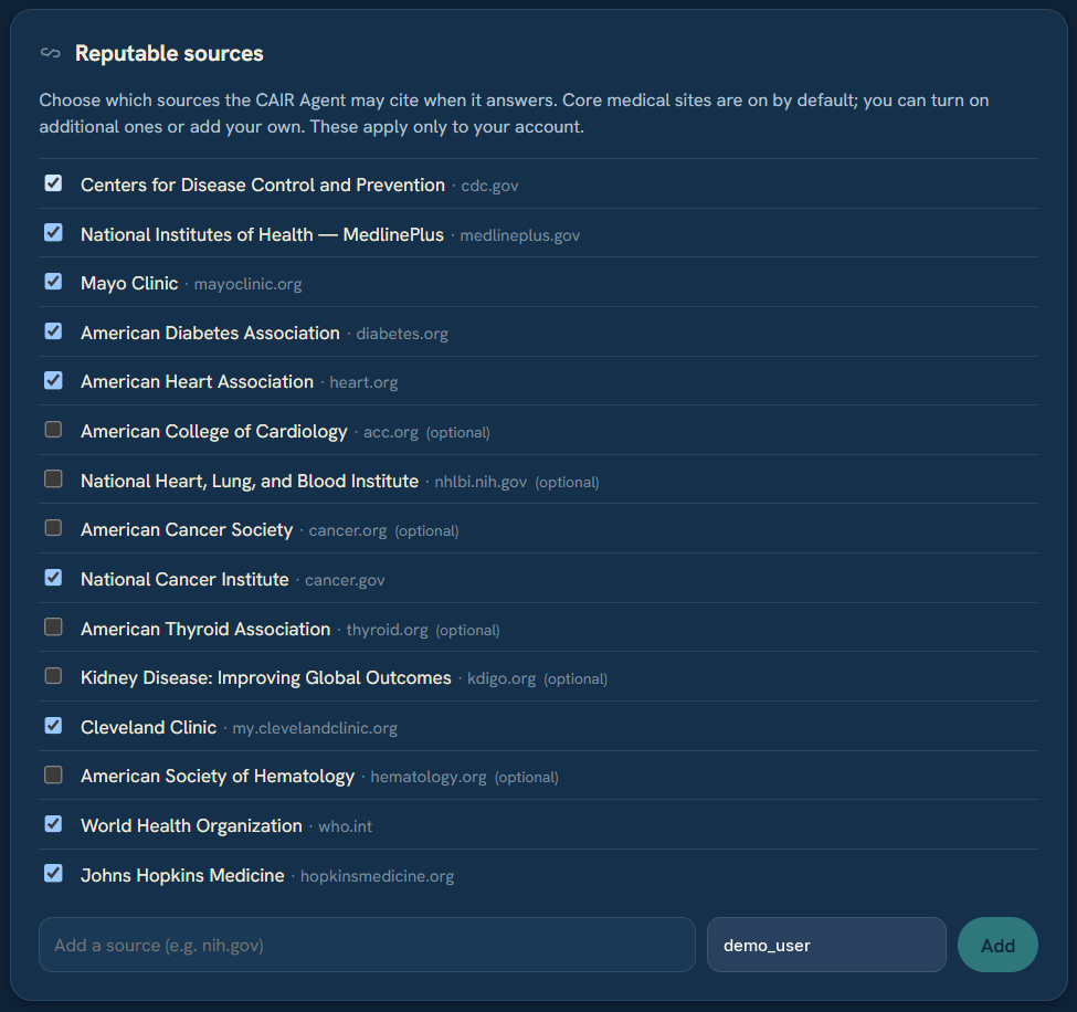 Reputable sources settings in NaviaCAIR — choose which sources the CAIR Agent may cite, with toggles for each and a field to add your own