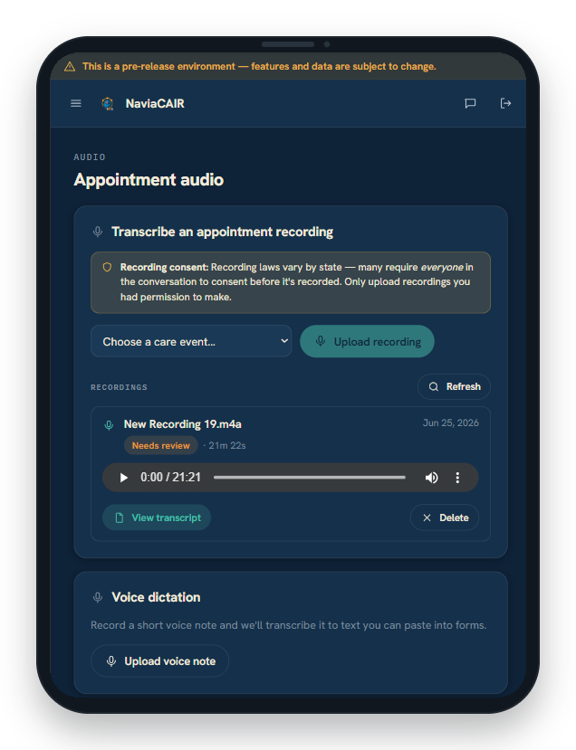 Appointment audio and transcription in NaviaCAIR