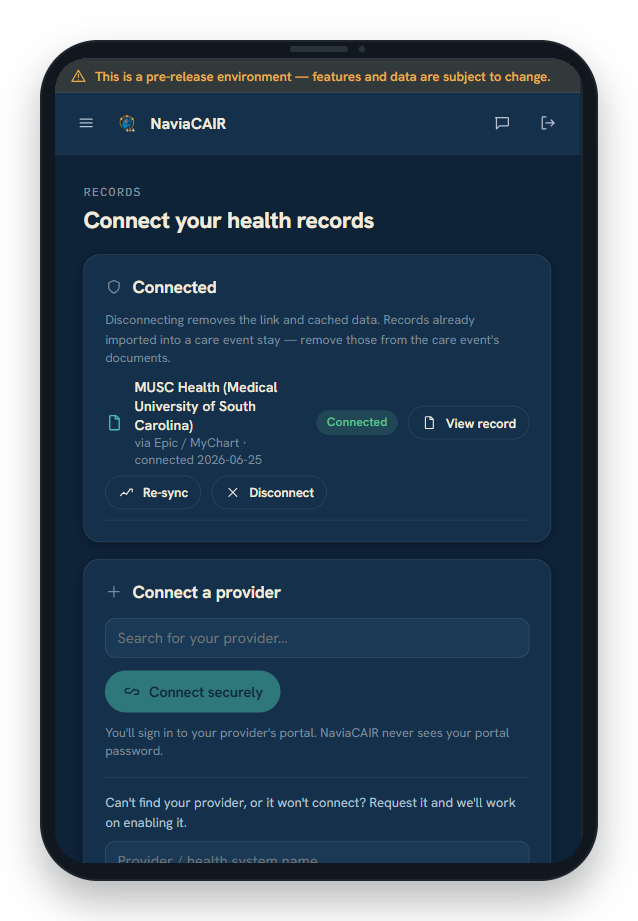 Connecting your health records from MyChart in NaviaCAIR