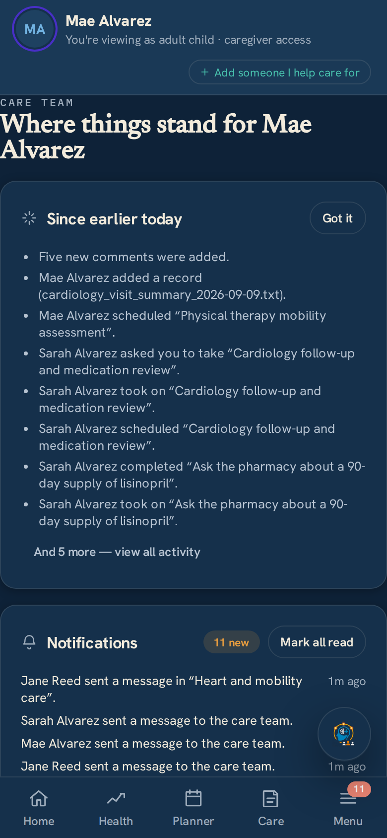 The Care Team page on a phone, opening with the summary of what changed since the reader last looked